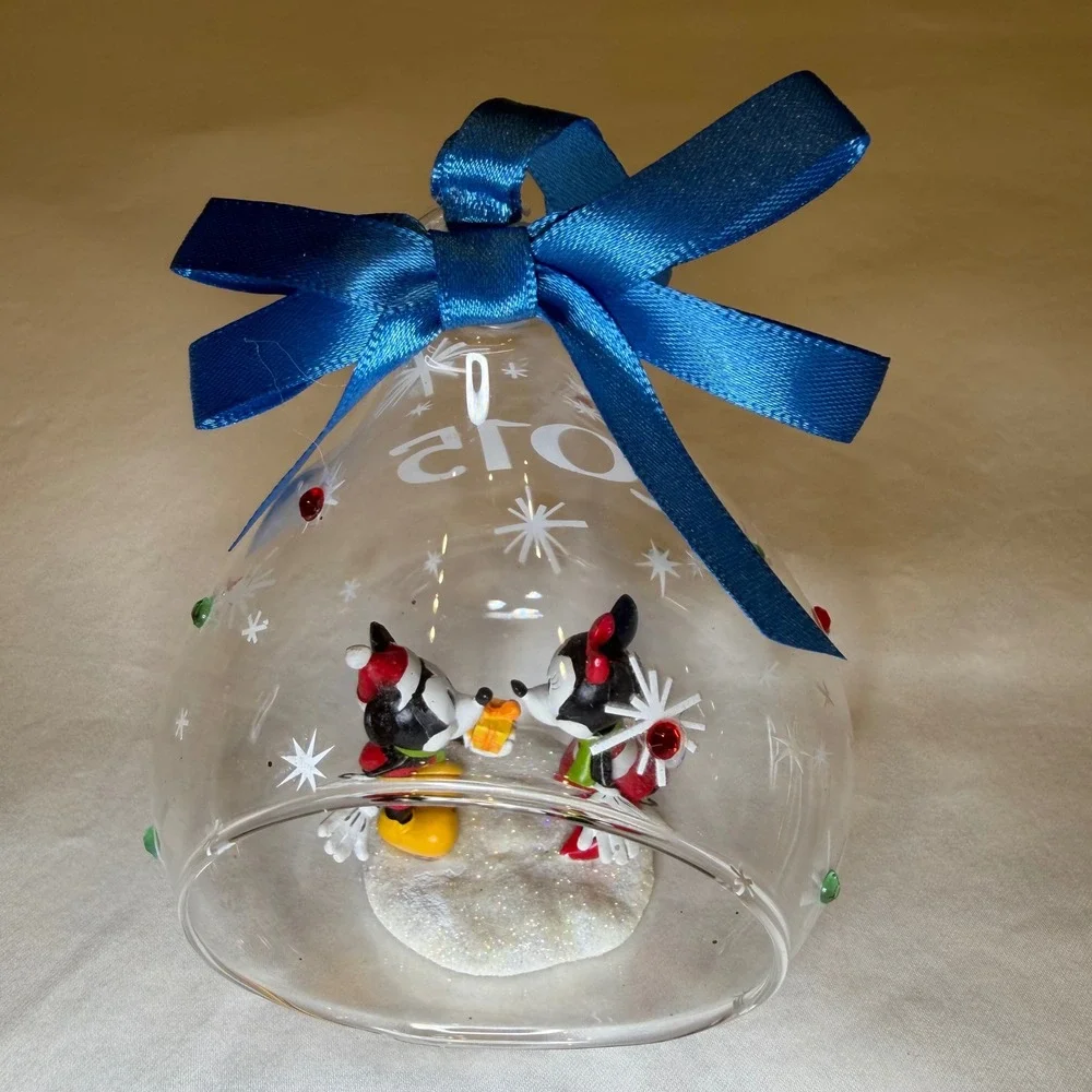 Disney‎ Parks Mickey Minnie Mouse 2015 Glass Bell Christmas Ornament Blue Ribbon